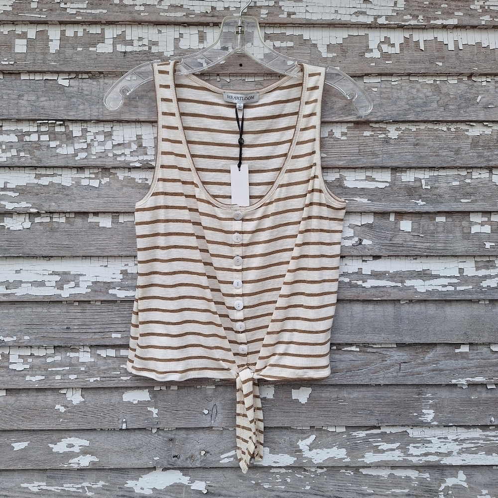 Heartloom Cream and Brown Striped Tie-Front Tank Top Size Large NWT